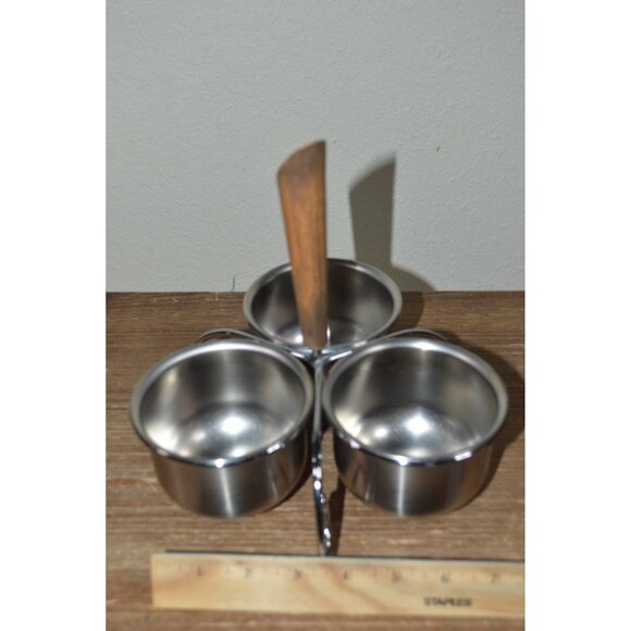 Vintage MCM Condiment Server Serving Set Walnut Stainless Steel Caddy Dish - Picture 1 of 9